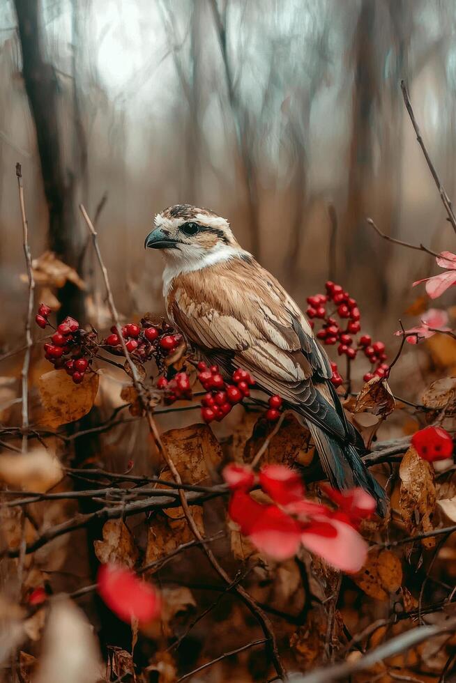 A woodchat shrike perched on a branch with red berries in a forest photo