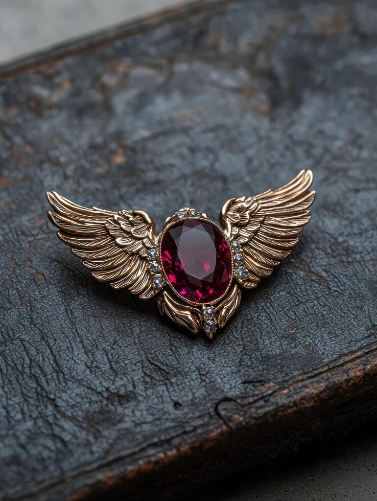 A gold brooch with wings and a red gemstone on a textured surface photo