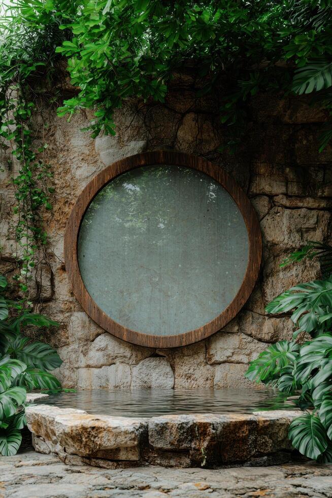 A tranquil stone grotto with a round window and lush greenery photo