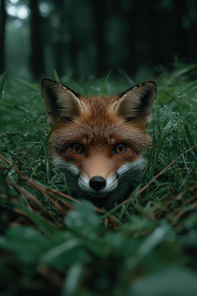Red fox in grass looking at camera photo