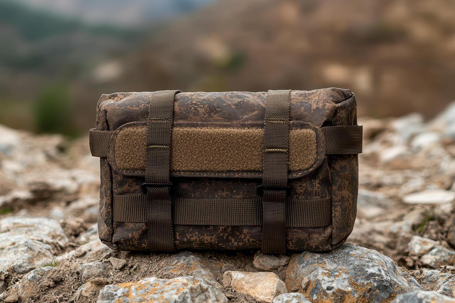A camouflage bag sits on a rocky surface in a natural outdoor setting photo