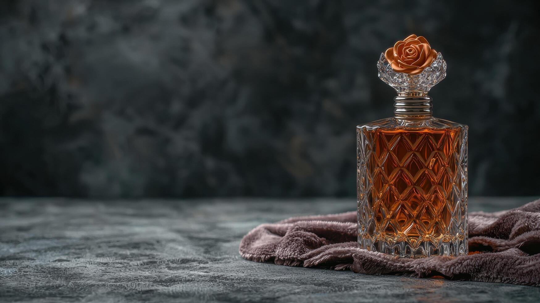 Elegant crystal perfume bottle with floral stopper on a textured surface photo