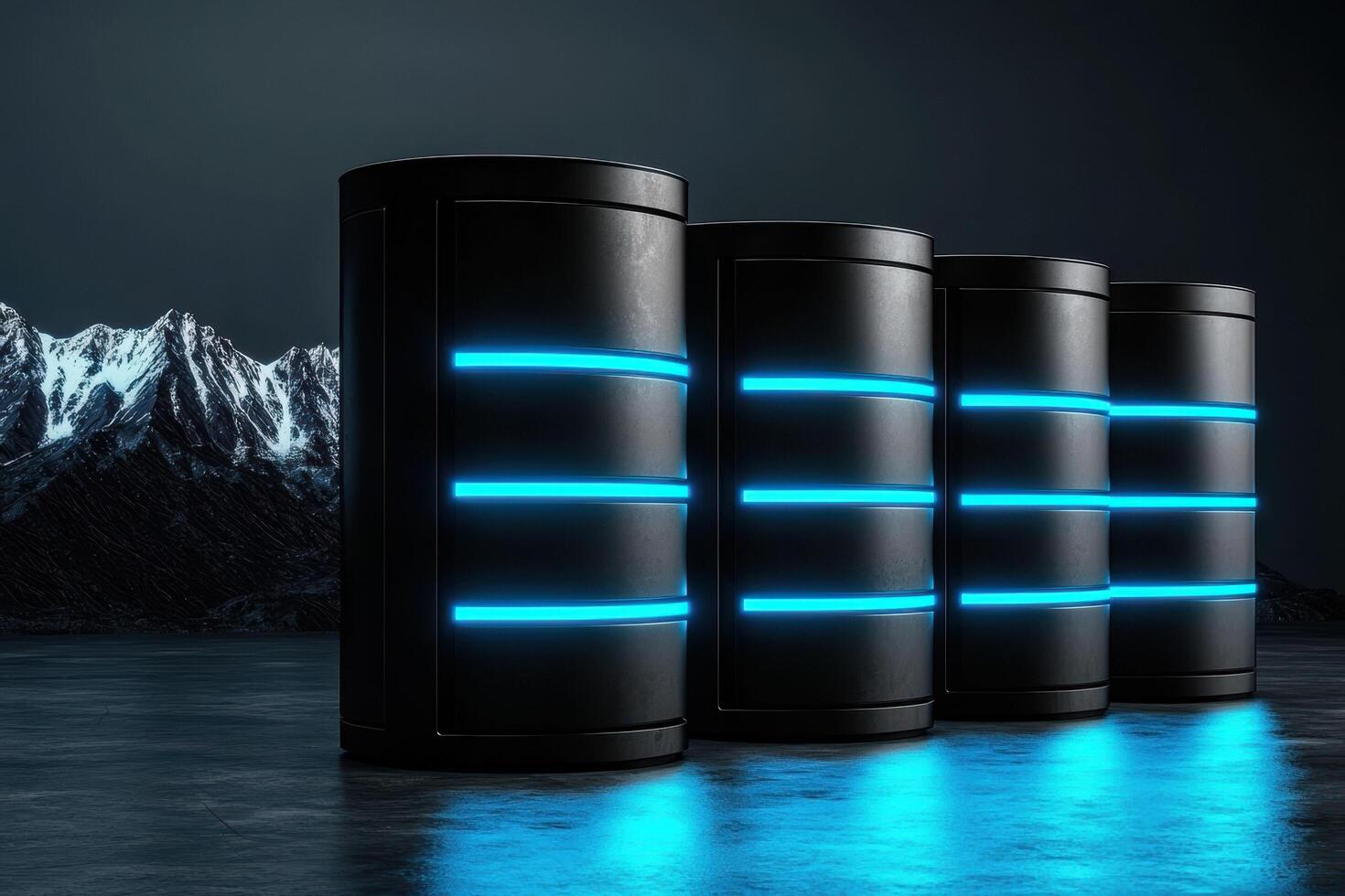 Futuristic server farm with glowing lights and mountain backdrop photo