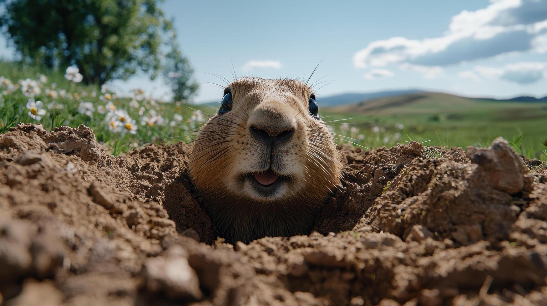 A prairie dog peeks out of its burrow in a field photo