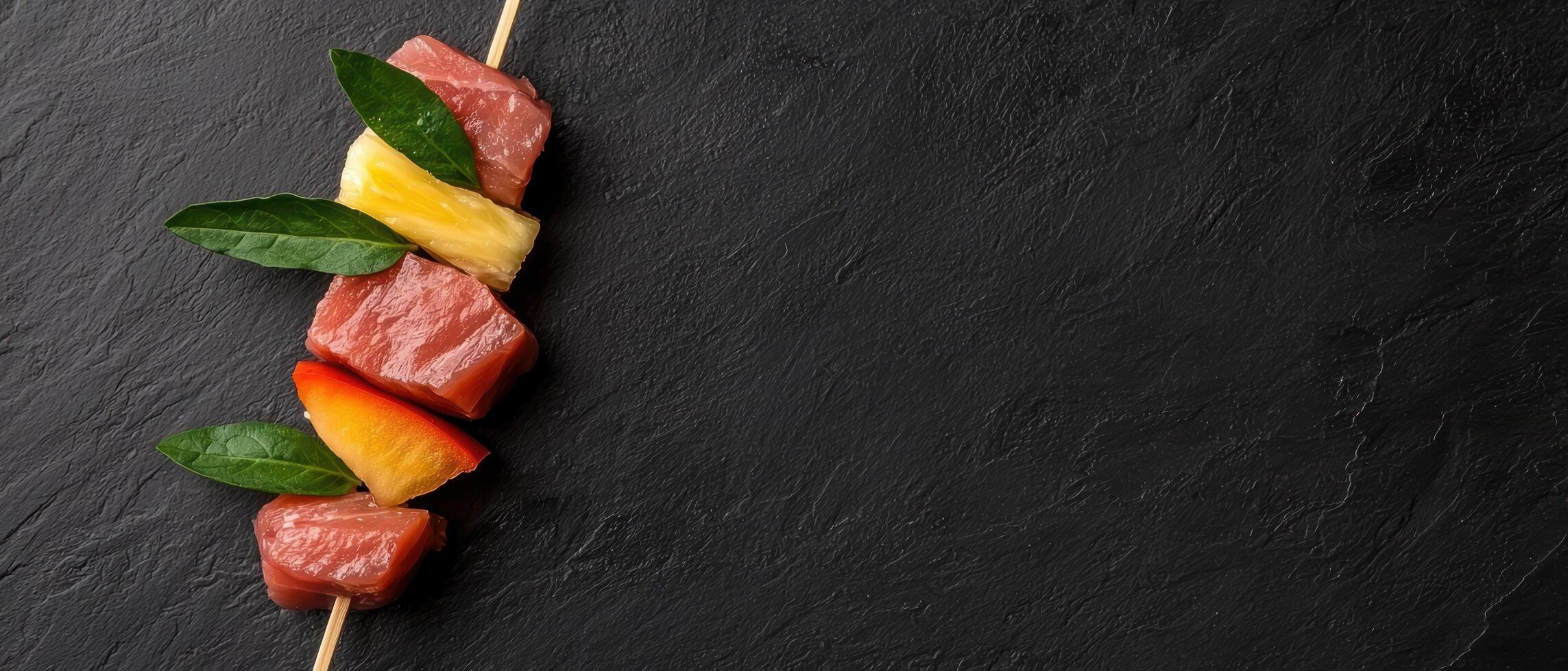 A skewer of meat and fruit on a dark background photo