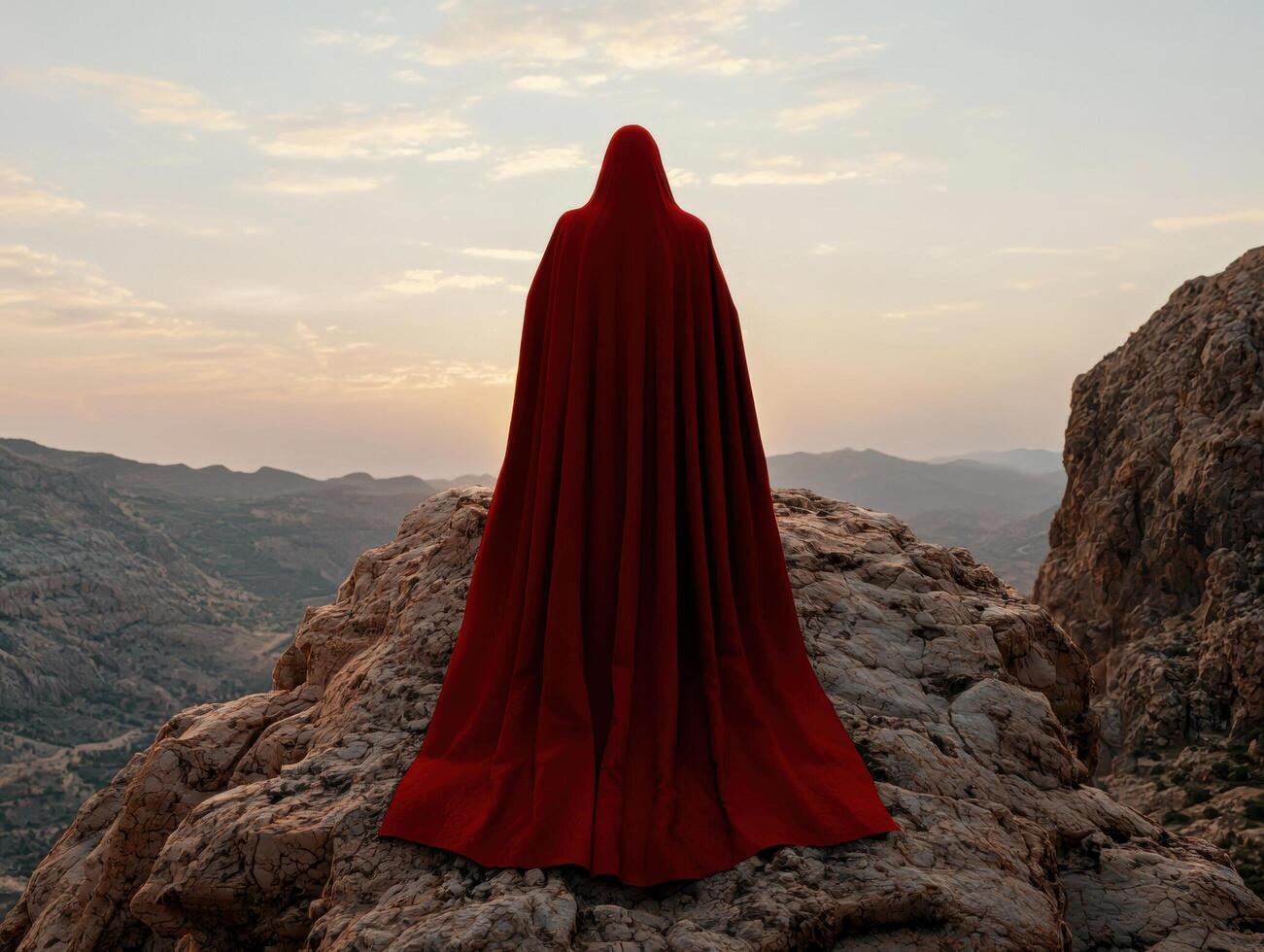 Figure in red cloak standing on a mountain top at sunset photo