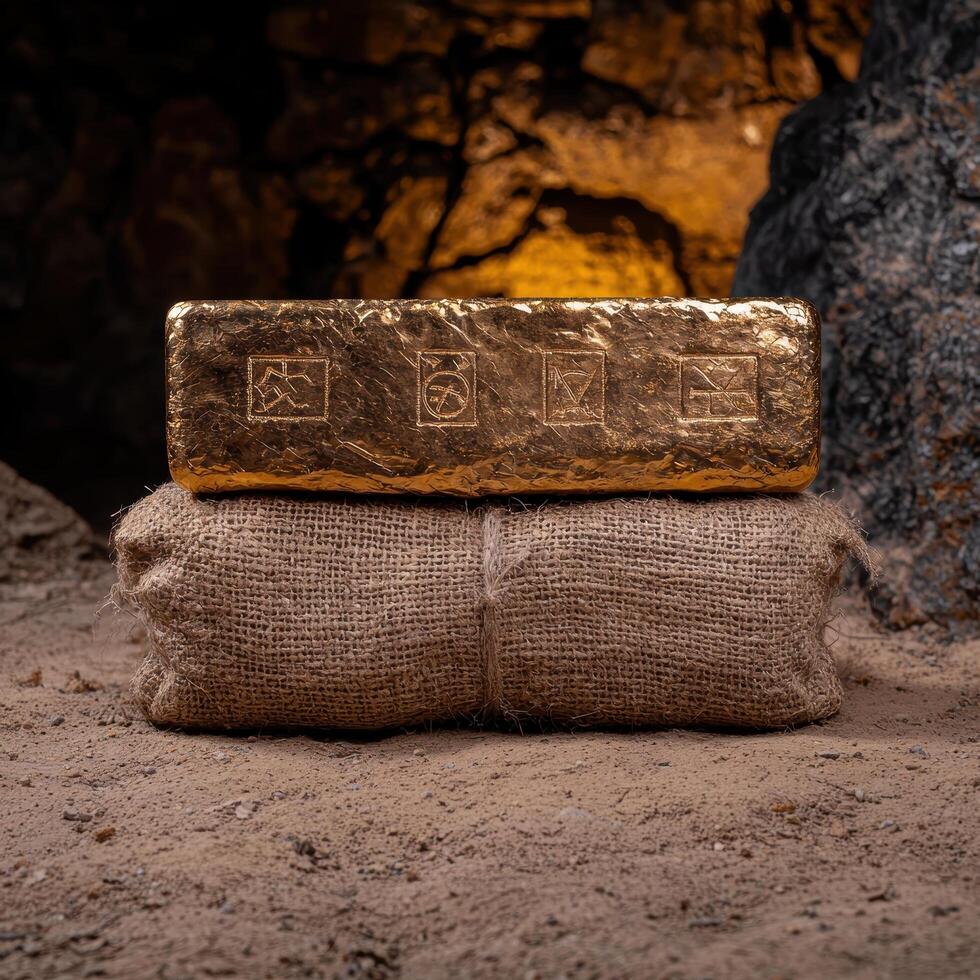 A gold bar sits on a burlap sack in a cave photo
