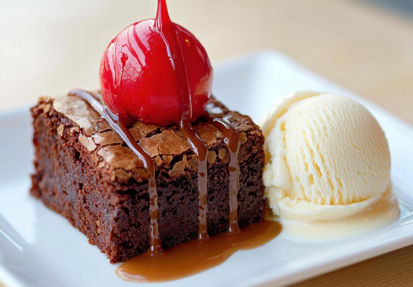 A delicious brownie topped with a cherry and a scoop of ice cream photo
