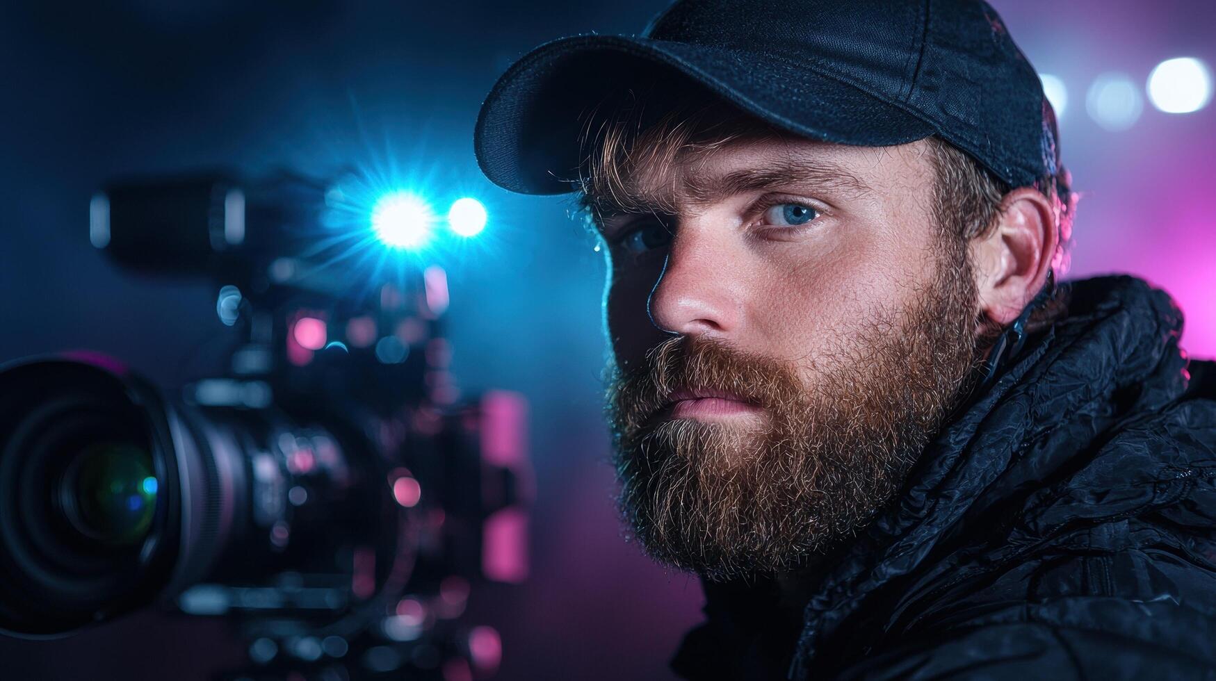 Filmmaker with camera and lights on set photo