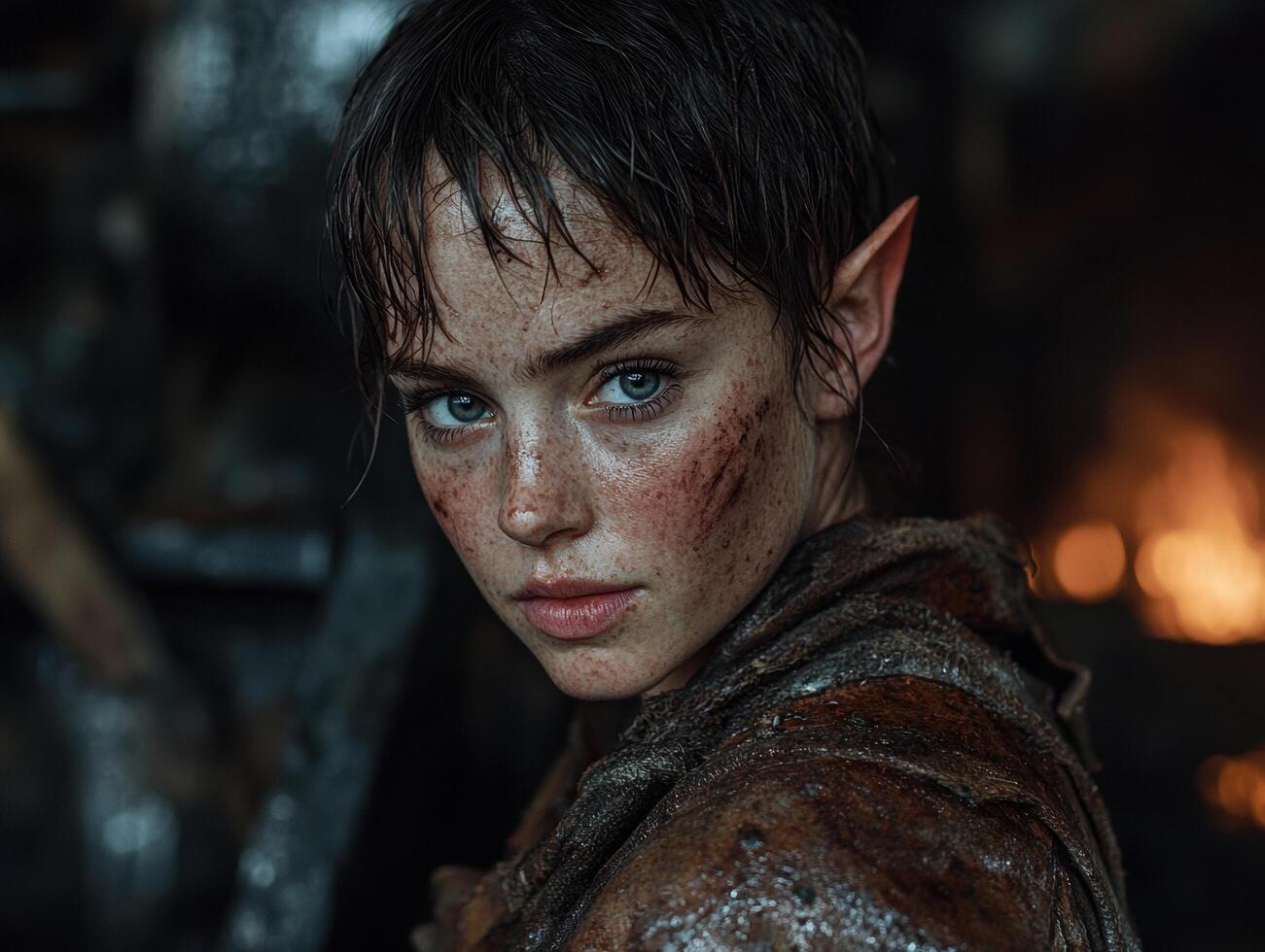 Close up portrait of a young elf with freckles and battle scars photo