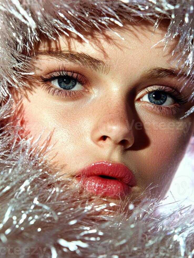 Close up portrait of a woman with blue eyes and glossy lips surrounded by tinsel photo