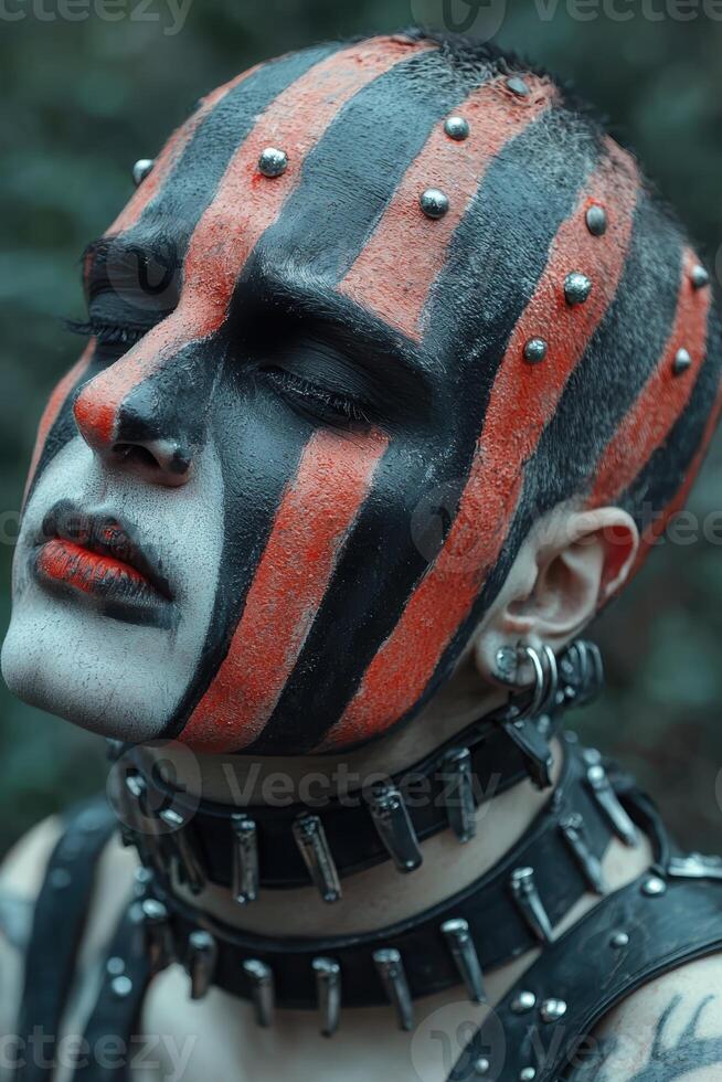 Person with striking face paint and a studded collar photo