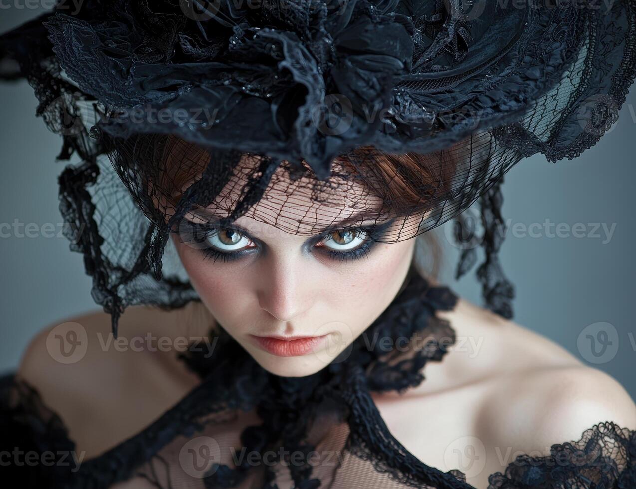Woman with dramatic makeup and a black lace hat looking at the camera photo