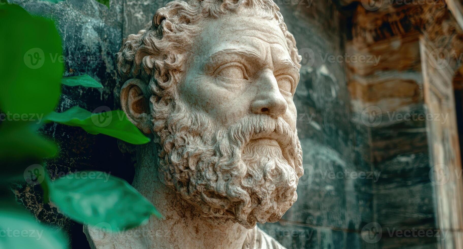 Marble bust of a bearded man in a garden setting photo