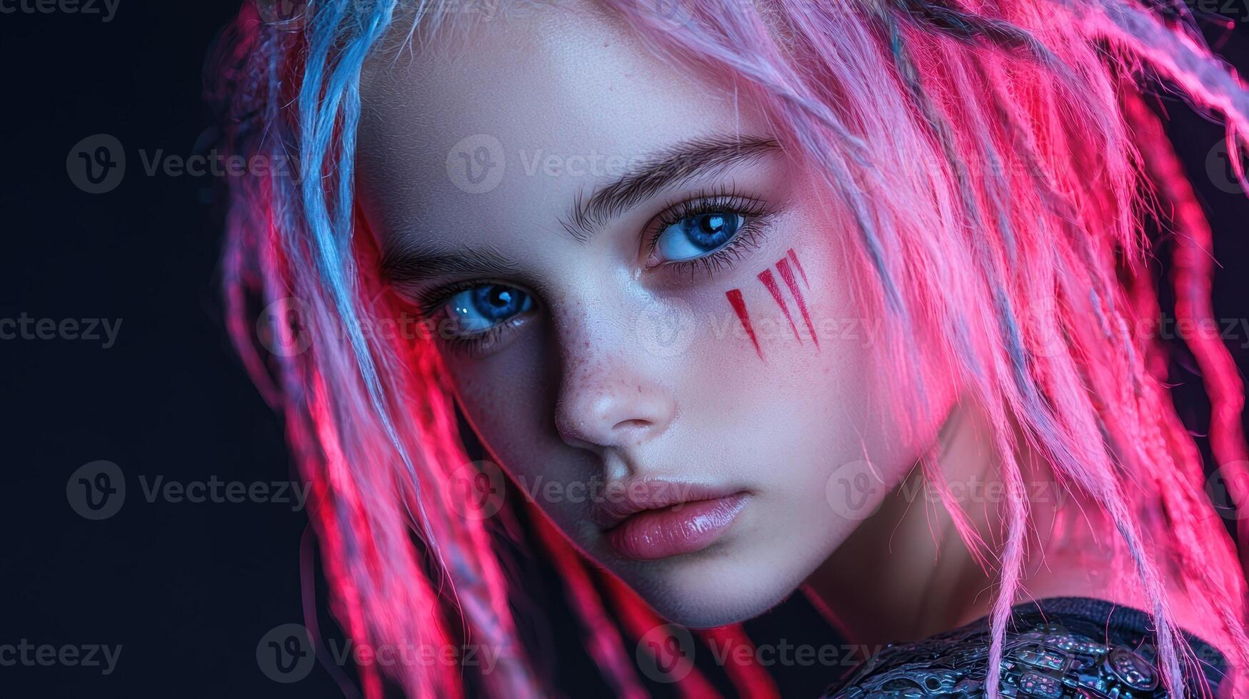 Young woman with blue eyes and pink hair photo
