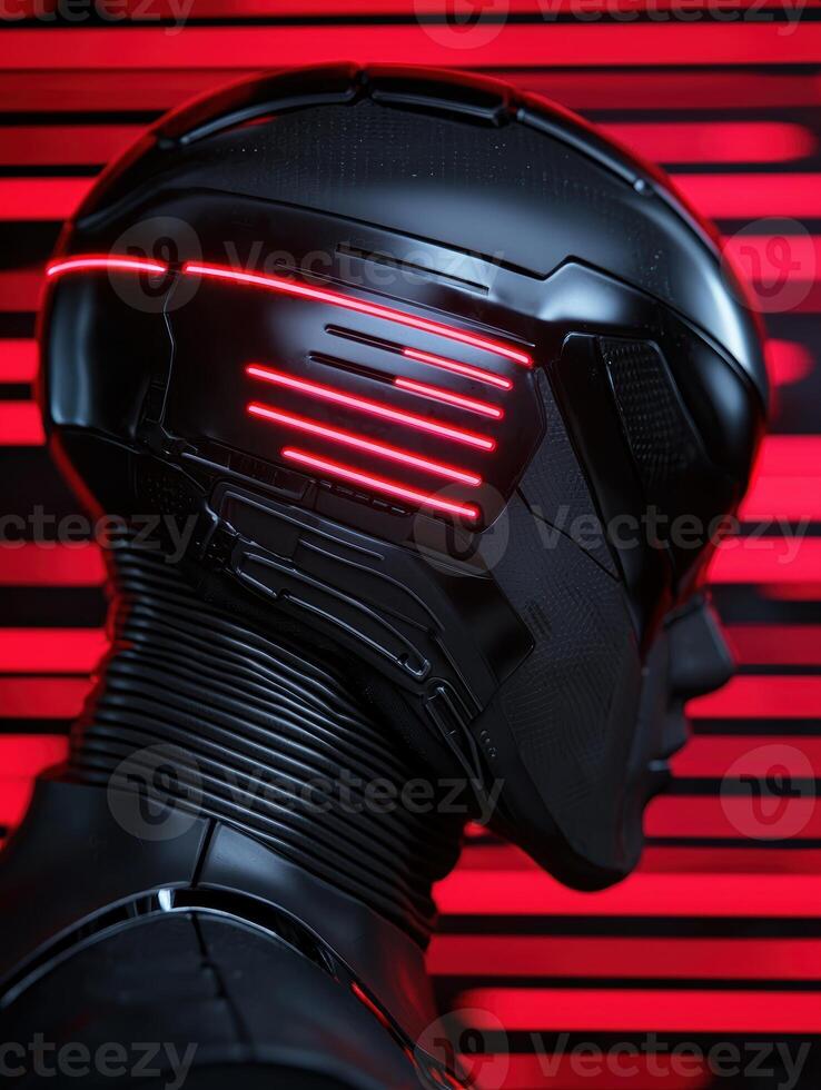 Futuristic warrior with glowing red visor in a dark setting photo