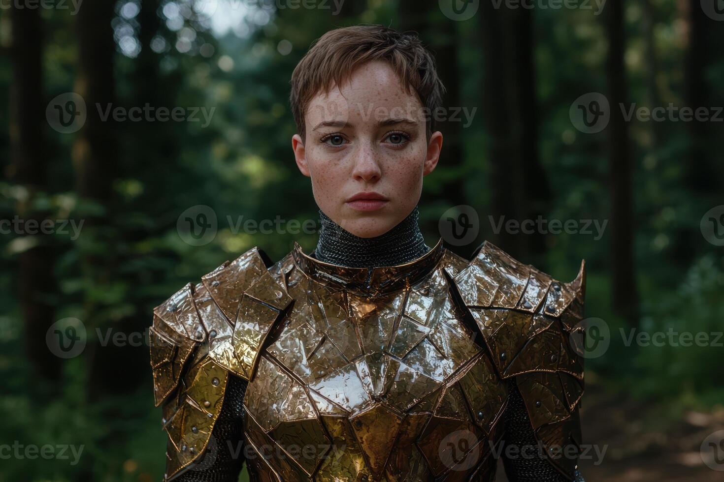 A woman in golden armor stands in a forest photo