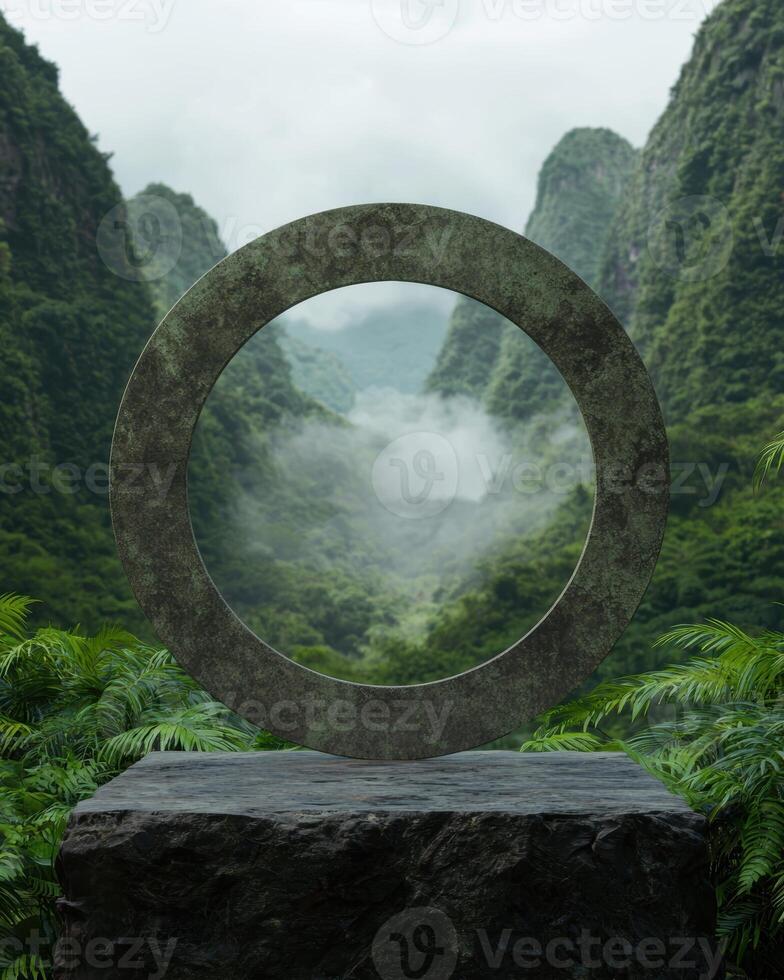 A stone circle portal in a lush green jungle photo
