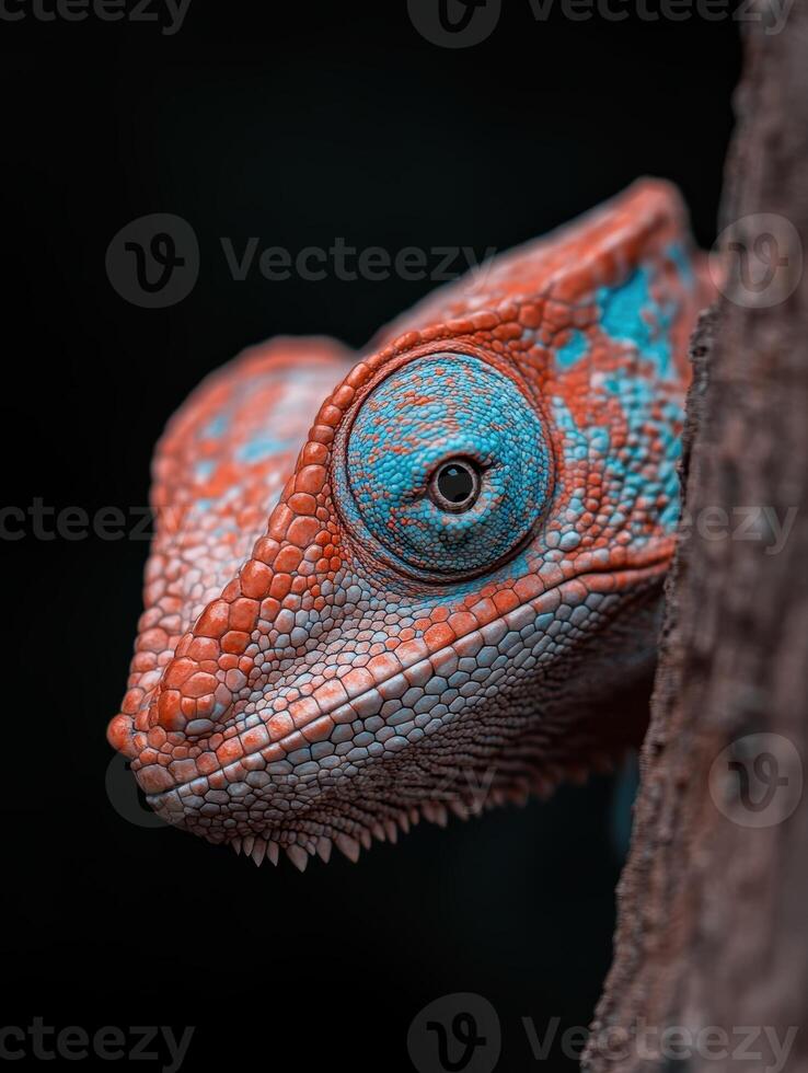Close up of a colorful chameleon on a tree branch photo
