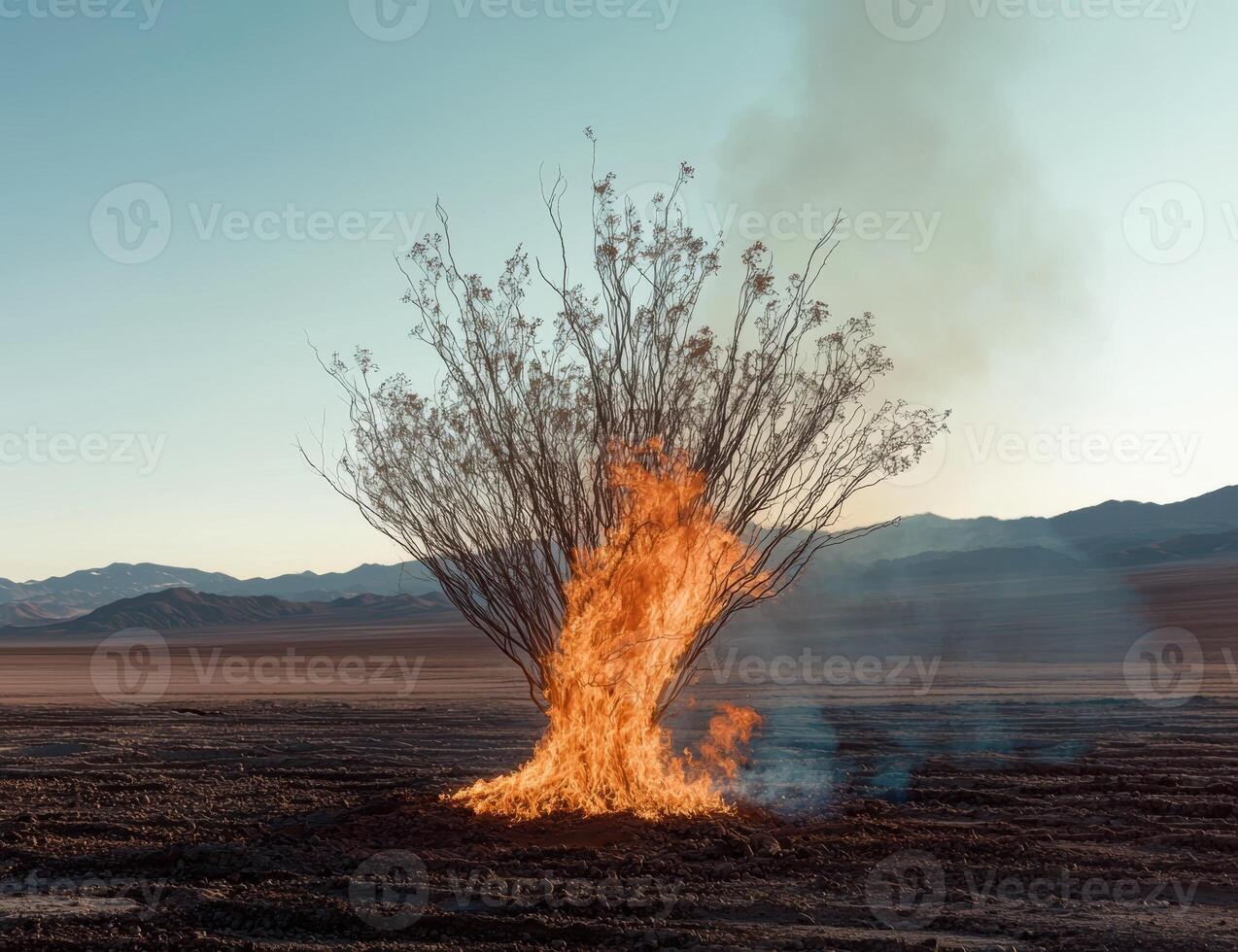 A desert bush engulfed in flames against a mountain backdrop photo