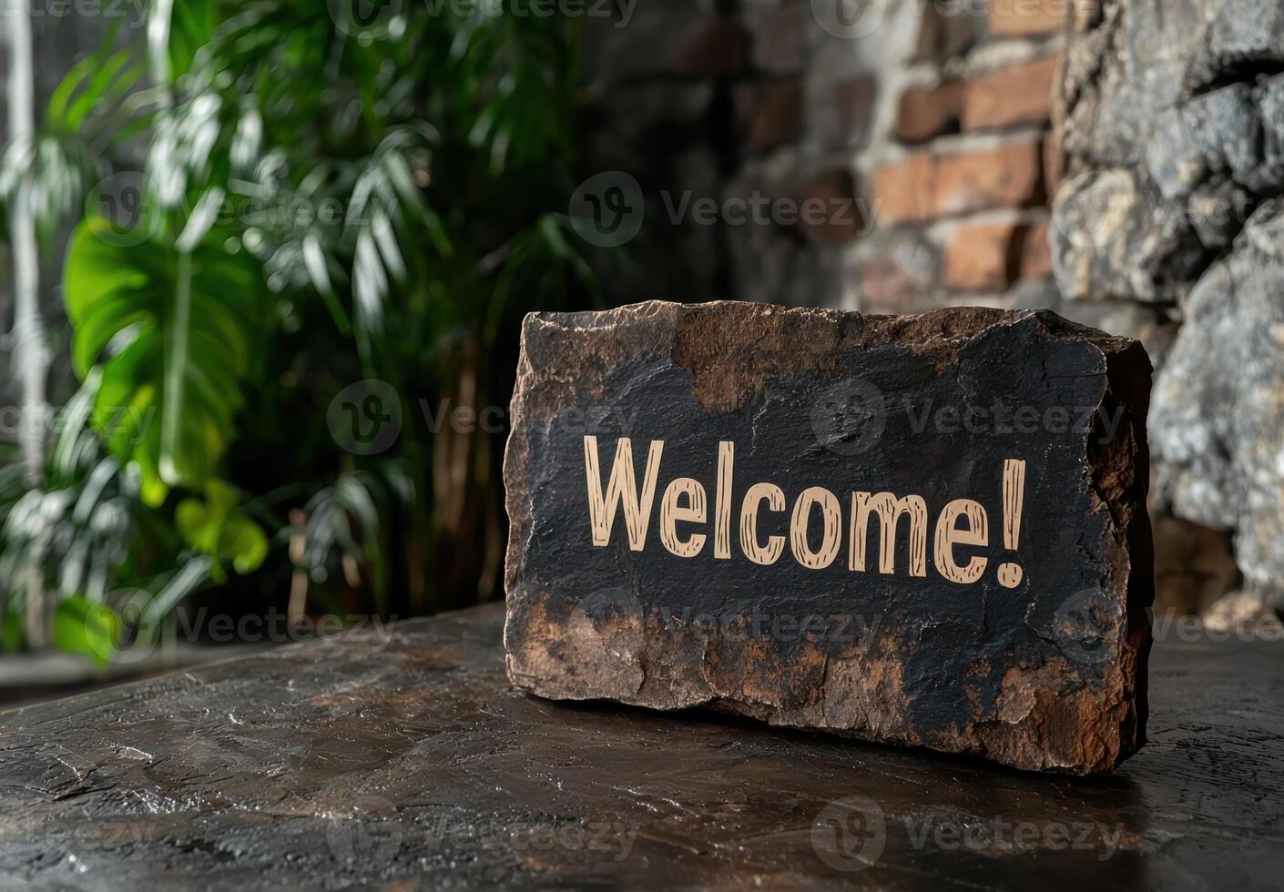 A welcome sign on a stone slab in a rustic setting photo