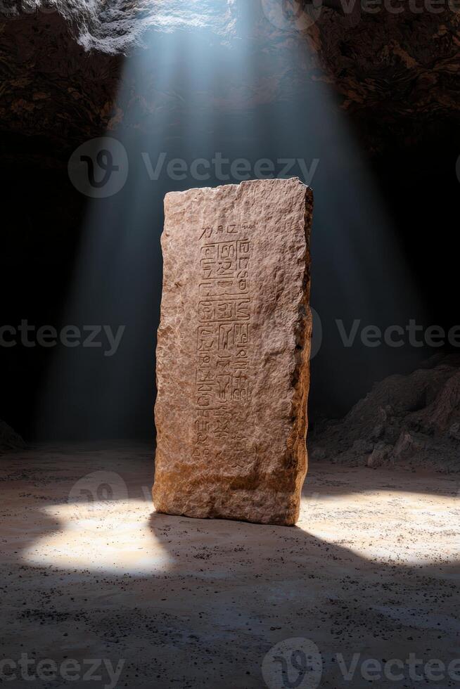 Ancient stone tablet with hieroglyphs illuminated in a cave photo