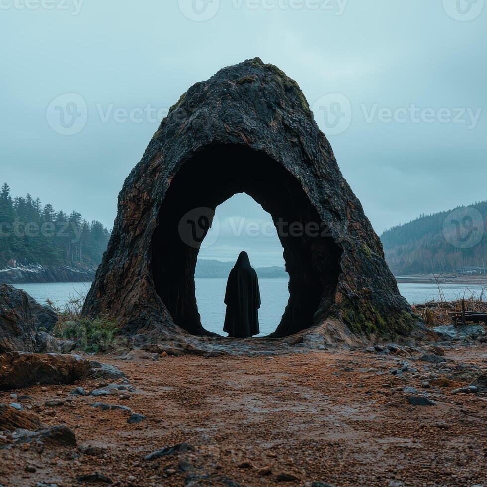 Mysterious figure in a dark robe standing in a natural rock archway by a lake photo