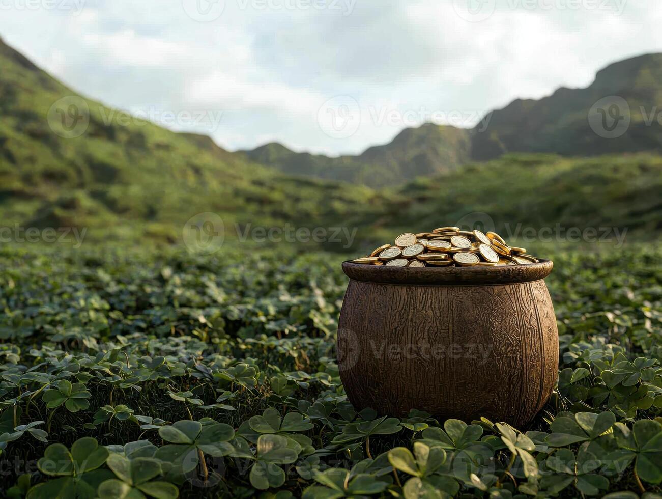 A pot of gold sits in a field of clovers photo