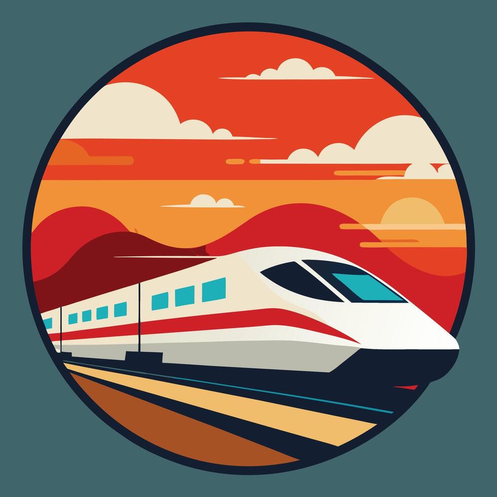 A modern high speed train moves swiftly along the tracks in a vibrant landscape. vector