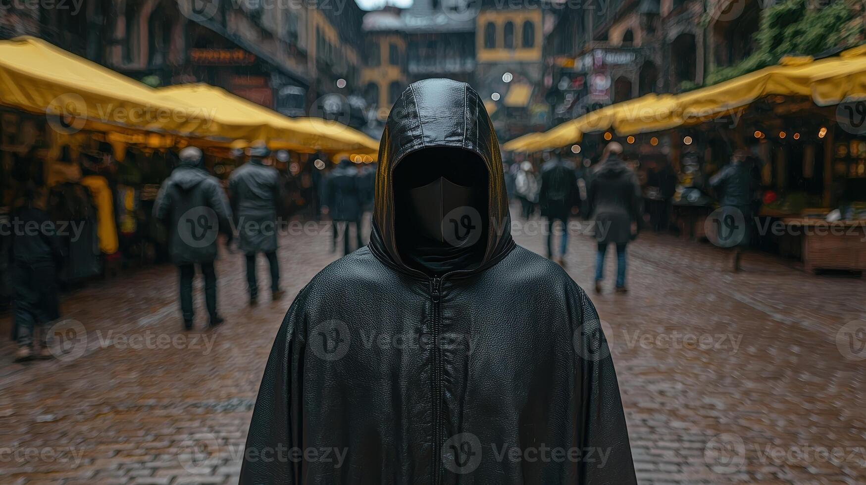 Mysterious figure in a hooded cloak standing in a busy marketplace photo
