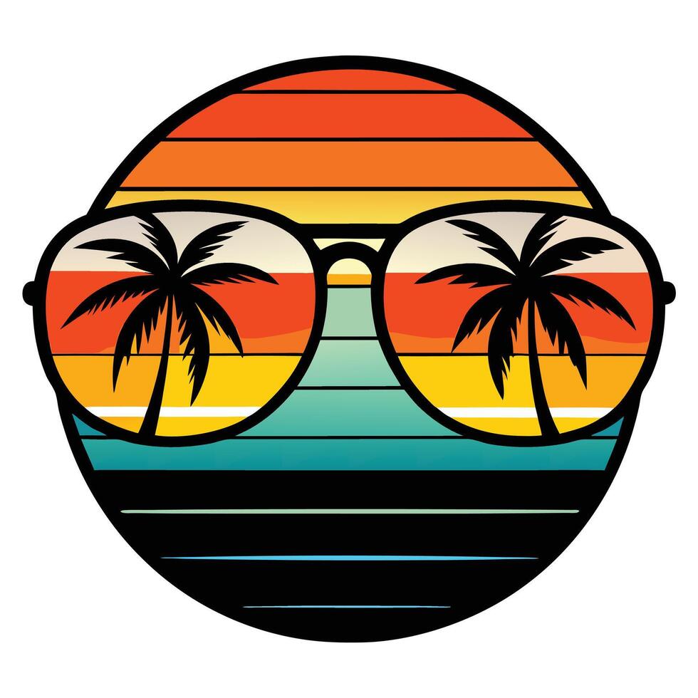 Retro Sunglasses Sunset on white background. Palm Tree Sunglasses sign illustration. vector