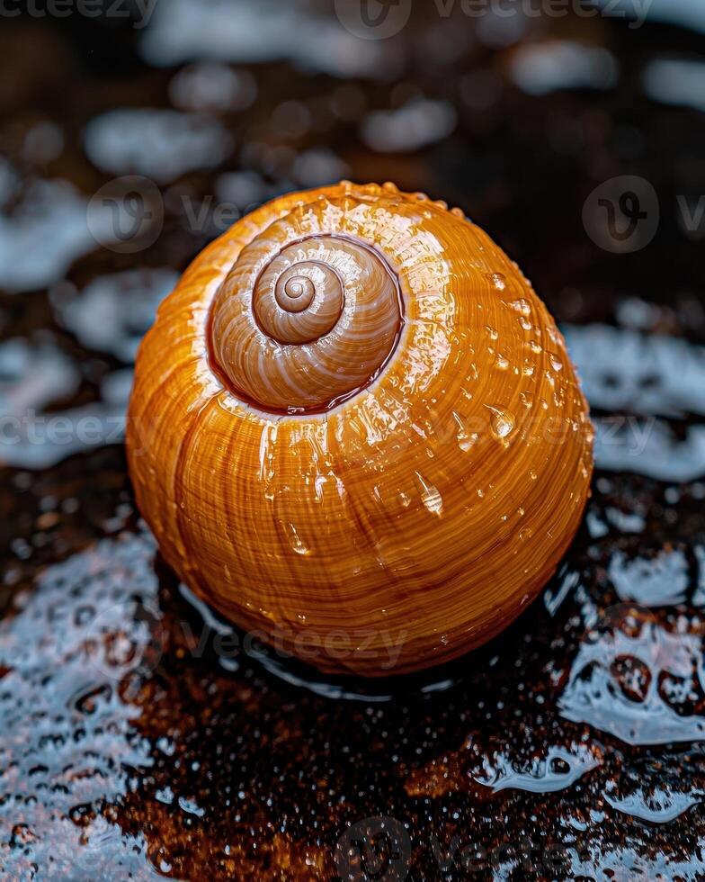 Close up of a snail shell with water droplets photo