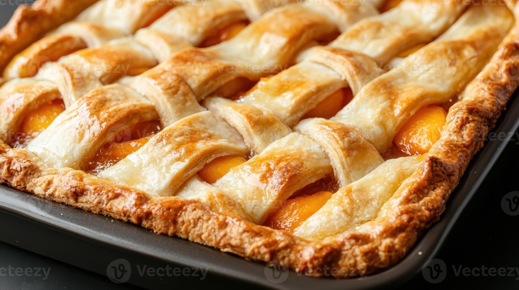 A delicious homemade peach pie with a lattice crust. photo