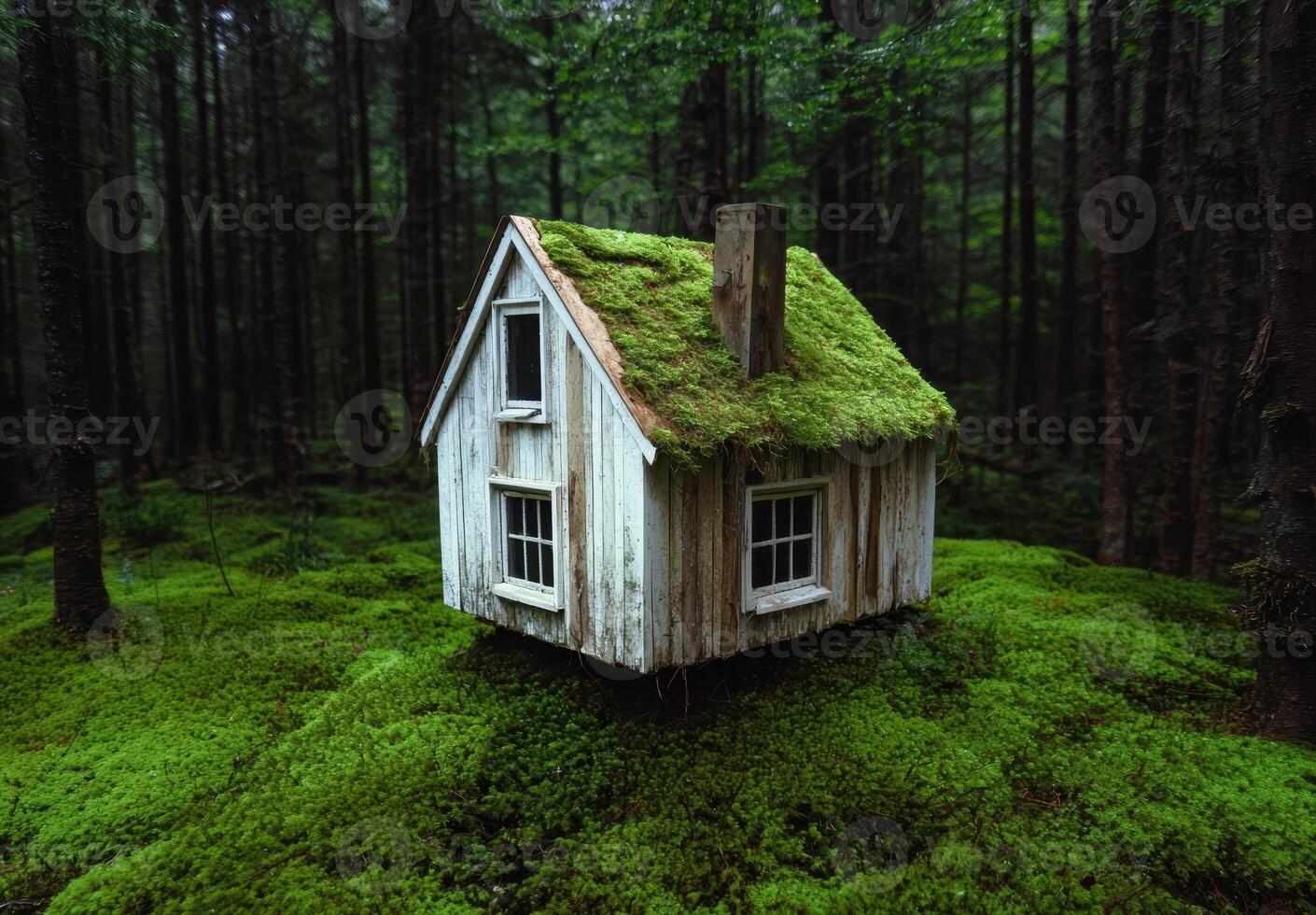 A tiny house covered in moss sits in a forest photo