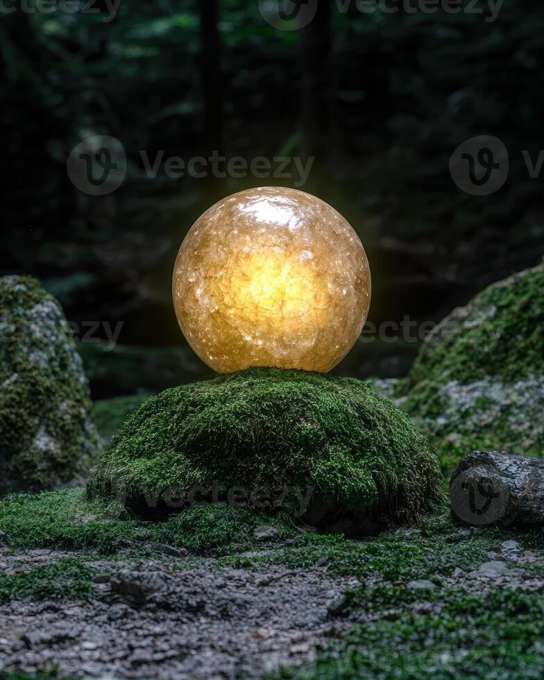 Glowing orb on a mossy mound in a forest photo