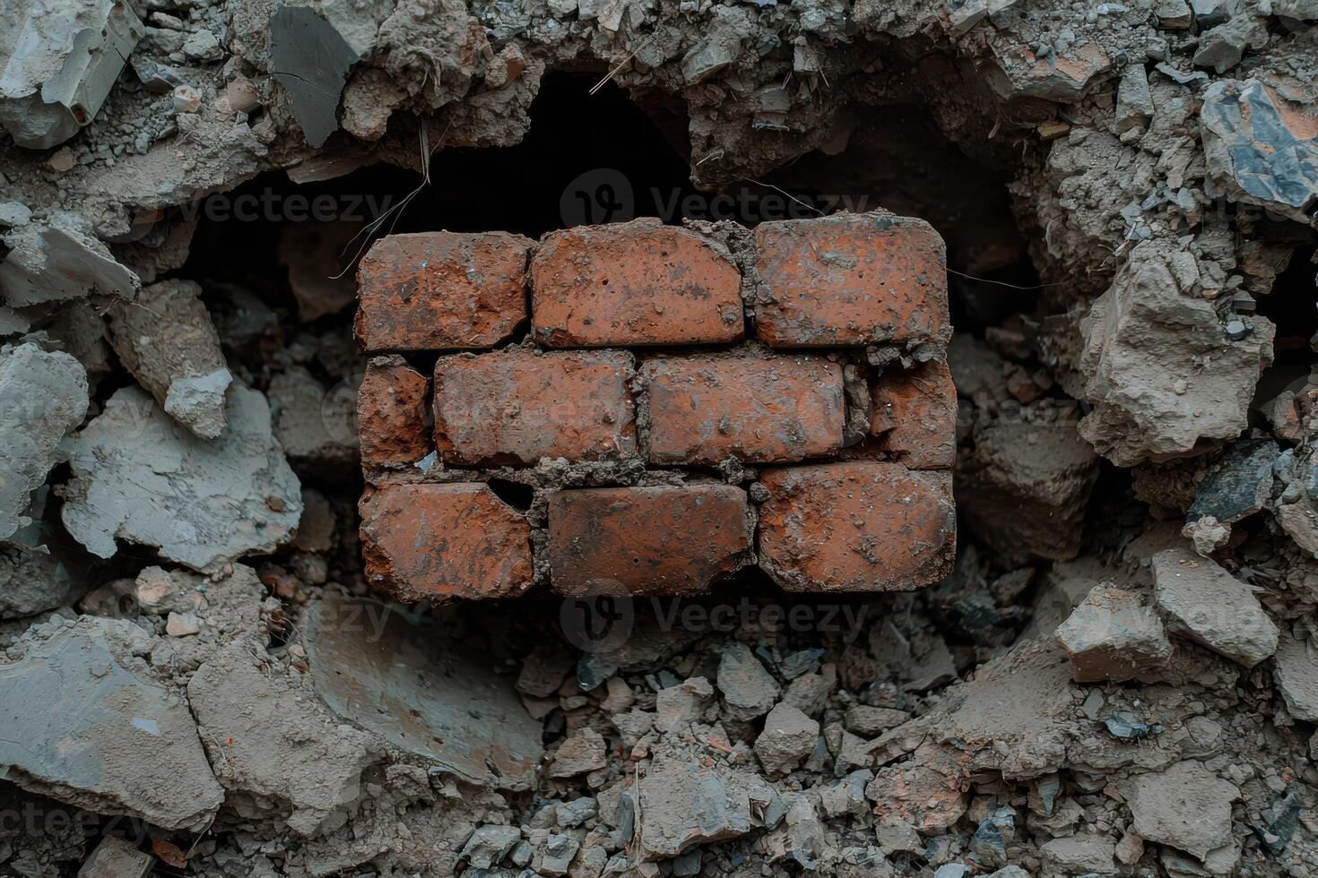 A brick wall is surrounded by rubble and debris photo