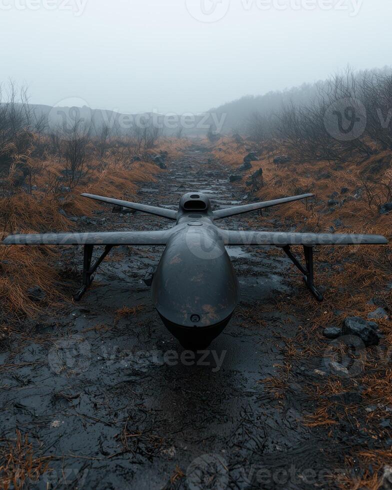 Unmanned aerial vehicle on a foggy path photo