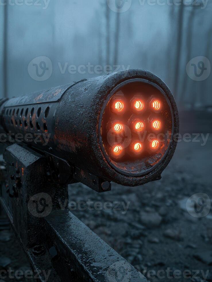 Futuristic weapon with glowing lights in a misty environment photo