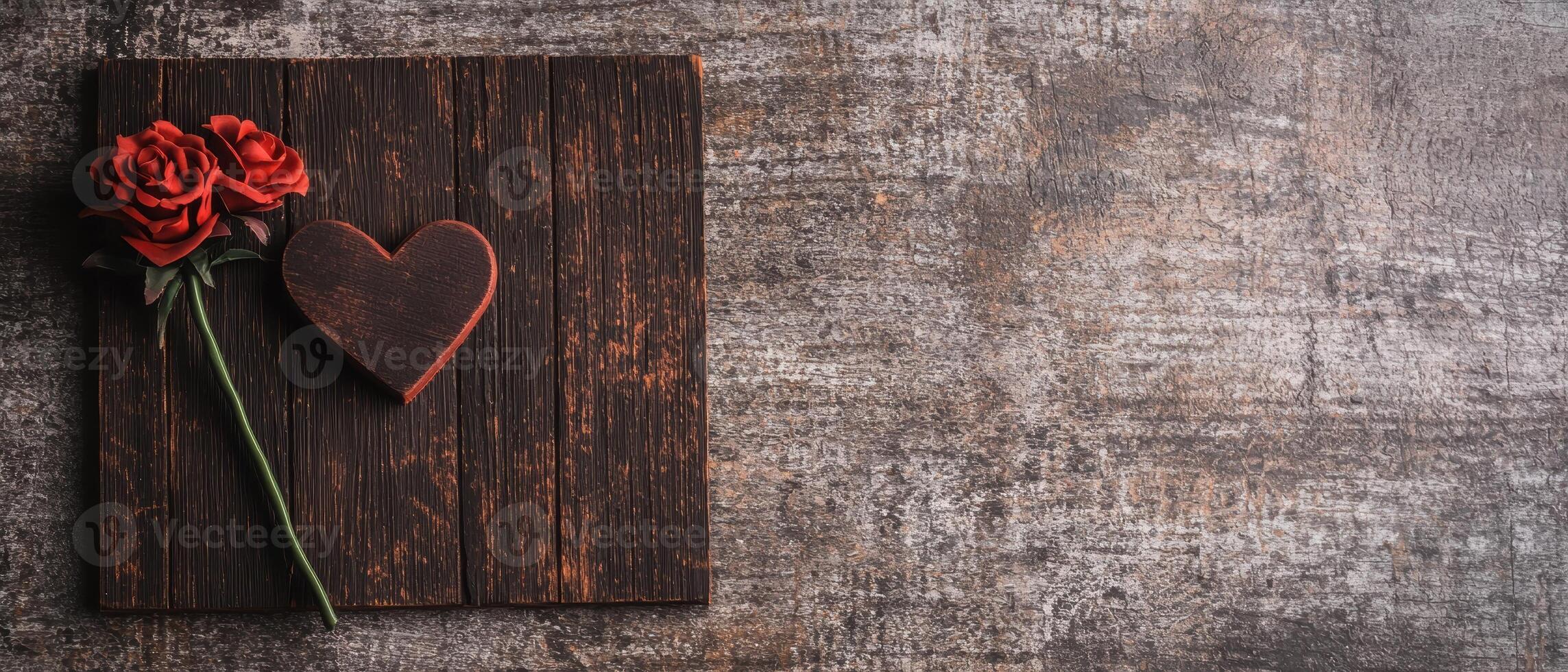 Romantic roses and a heart on a wooden board for a Valentines Day gift photo