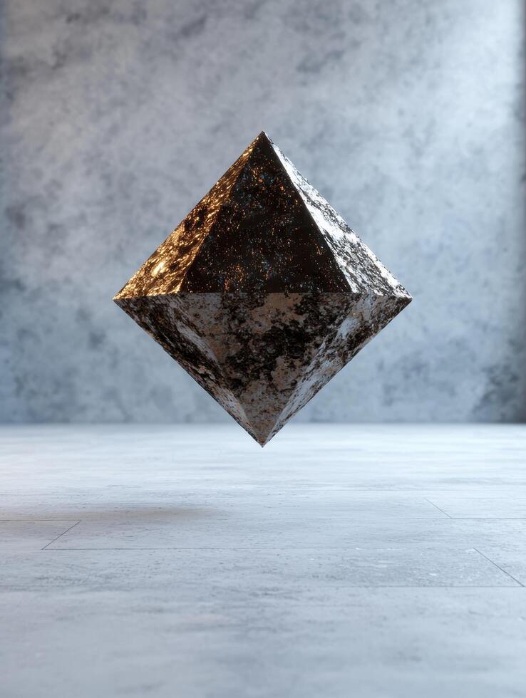 Abstract diamond shape floating in a concrete room photo