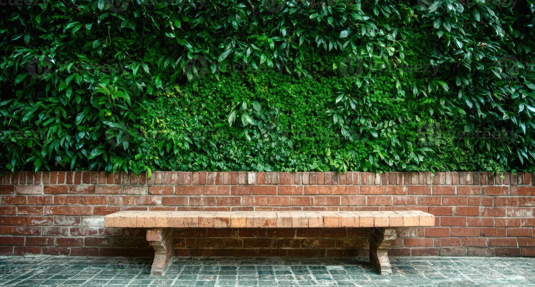 Stone bench in front of a brick wall with green foliage photo