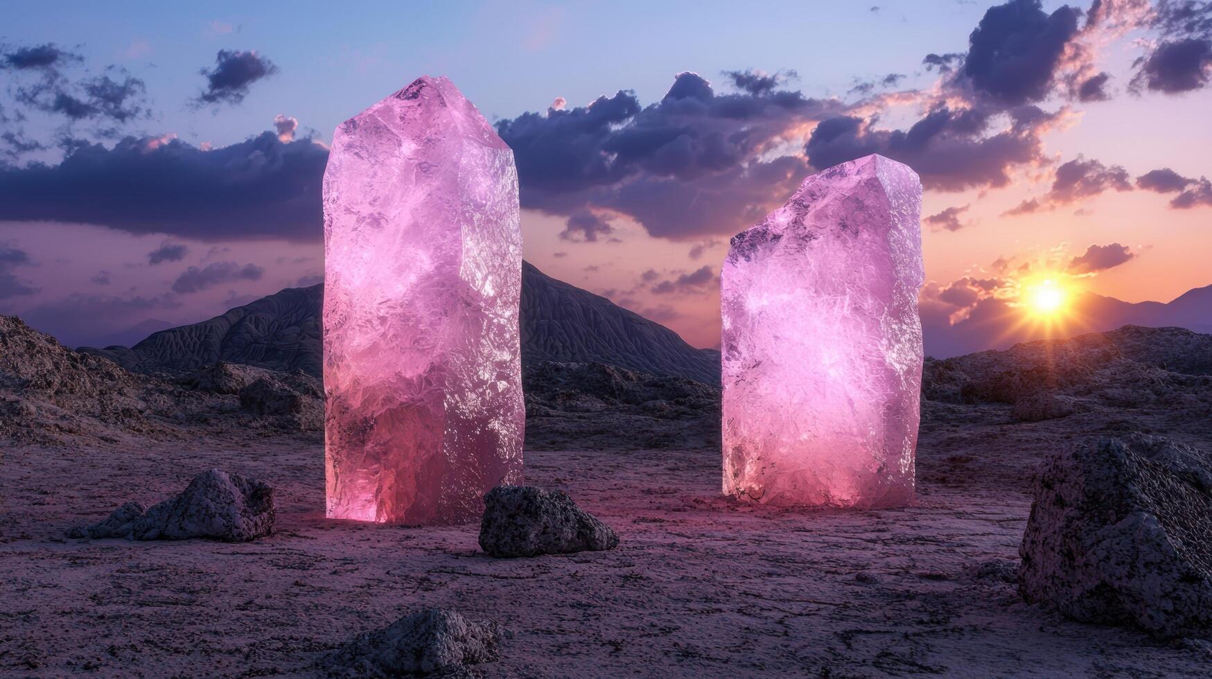 Two large pink crystals stand in a desert landscape at sunset photo