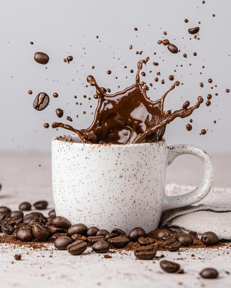 Coffee splash in a speckled mug with coffee beans photo