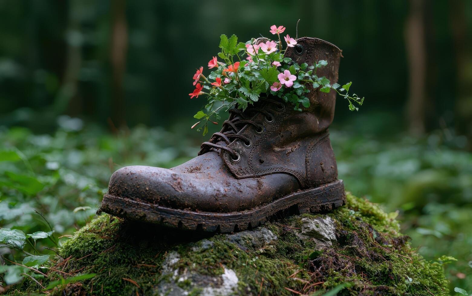 Old boot with flowers growing out of it on a mossy rock in the forest photo