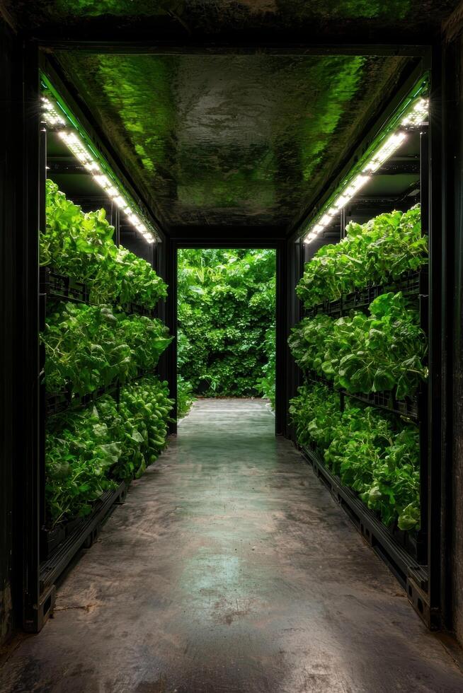 Indoor vertical farm with leafy green vegetables growing in a controlled environment photo