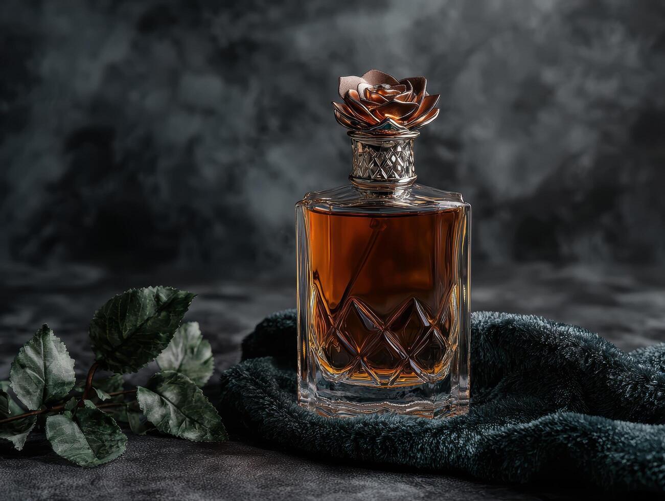 Elegant perfume bottle with a rose shaped cap on a dark background photo