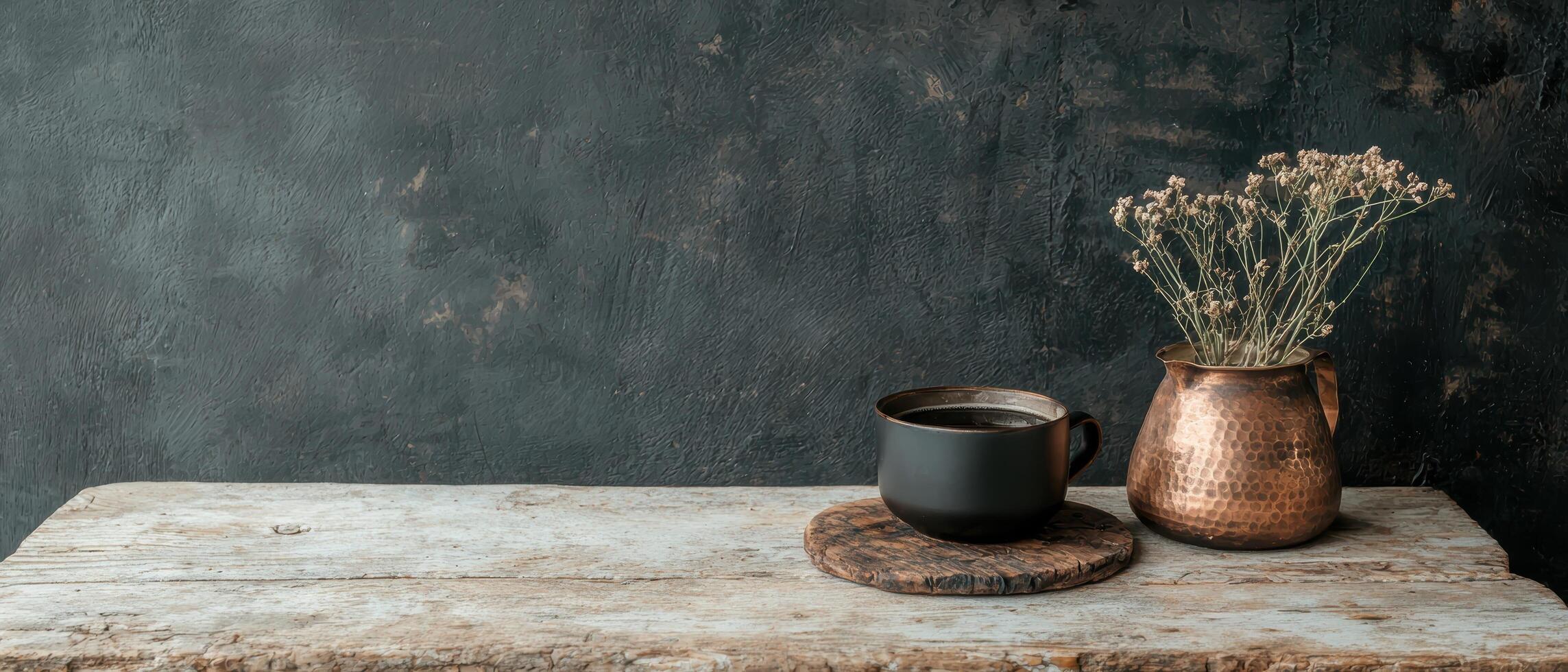 Coffee cup and flowers on a rustic wooden table photo
