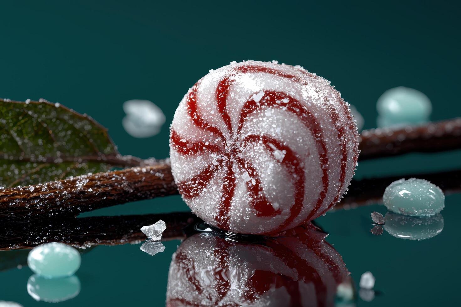 Close up of a red and white striped candy ball covered in sugar crystals photo
