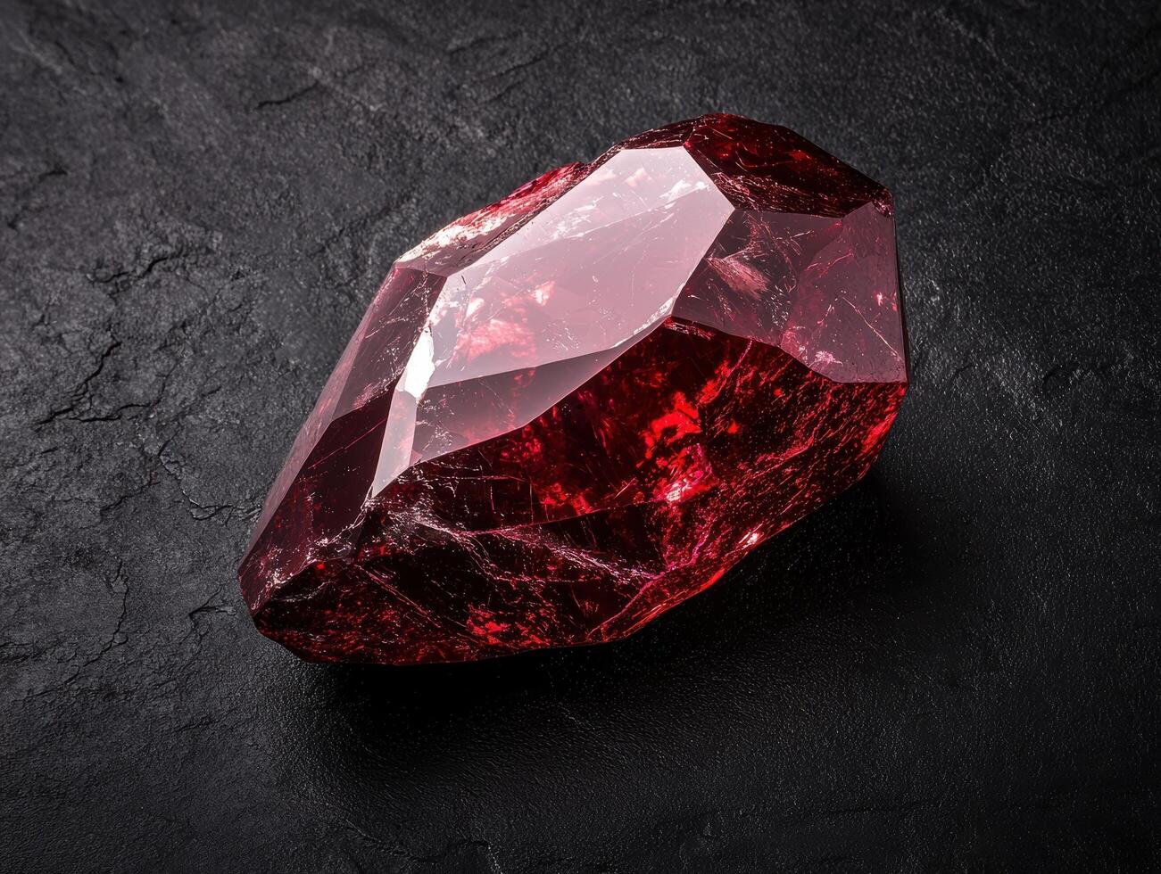 A large, faceted ruby gemstone on a dark stone surface photo