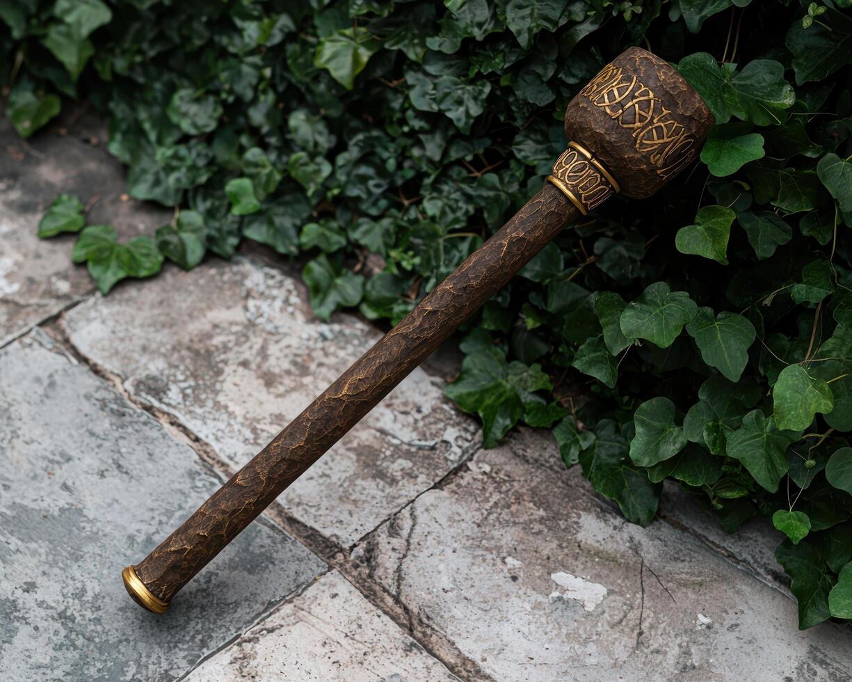 A decorative wooden mace rests on a stone surface photo
